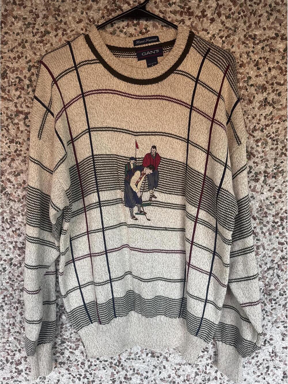 Vintage GANT Hand Framed Golf Embroidered Cotton Sweater Crewneck Sz M